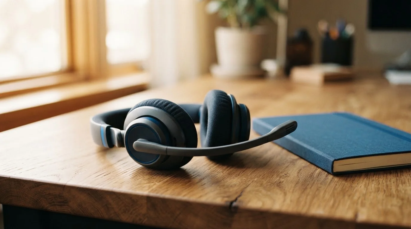 Schwarzes Headset und ein Notizblock auf einem hölzernen Schreibtisch