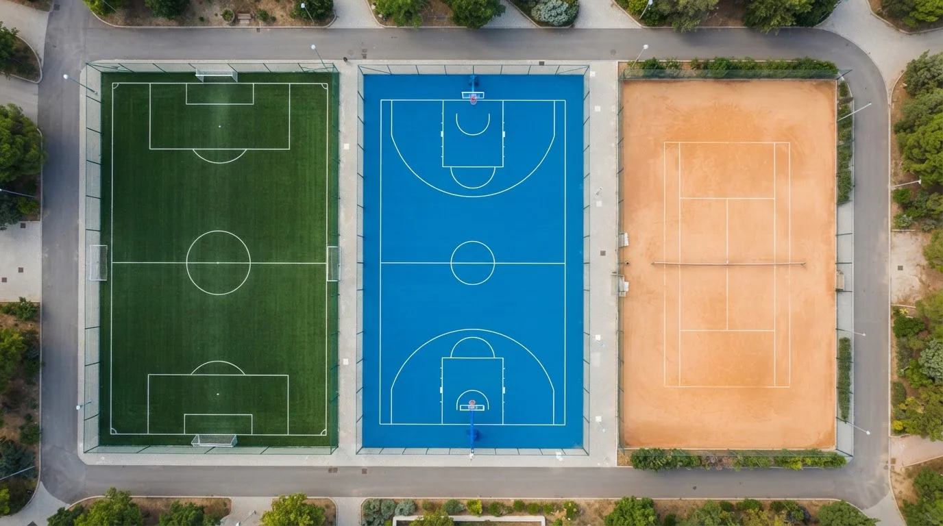 Fußballfeld, Basketballplatz und Tennisplatz aus der Vogelperspektive
