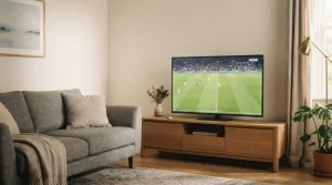 Fernseher mit beleuchteter Bildschirmfläche neben einem grauen Wohnzimmer-Sofa
