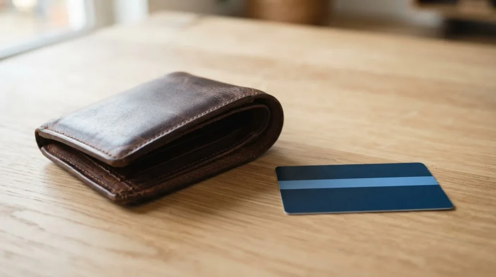 Ledergeldbörse und Bankkarte nebeneinander auf einem hellen Holztisch