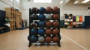 Ballständer mit Fußbällen, Basketbällen und Trainingsgeräten in einem Geräteraum